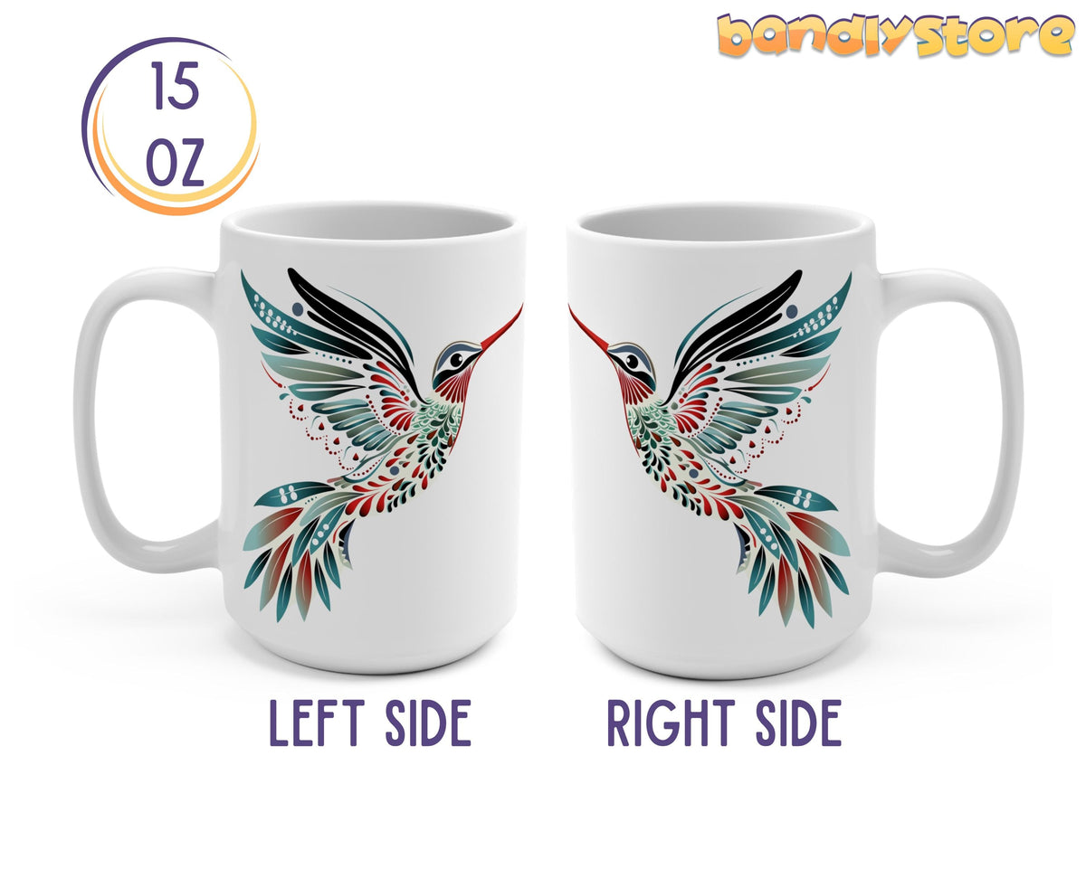 Scandinavian Hummingbird Mug shown left and right sides on white, 15 oz size, 15oz