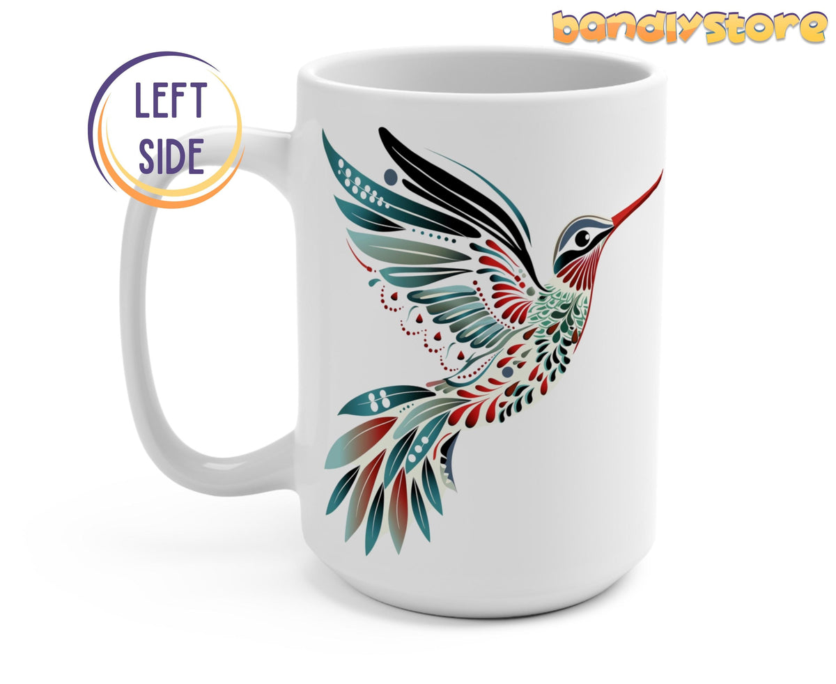 Scandinavian Hummingbird Mug shown from left side on plain white, colourful bird design facing right.
