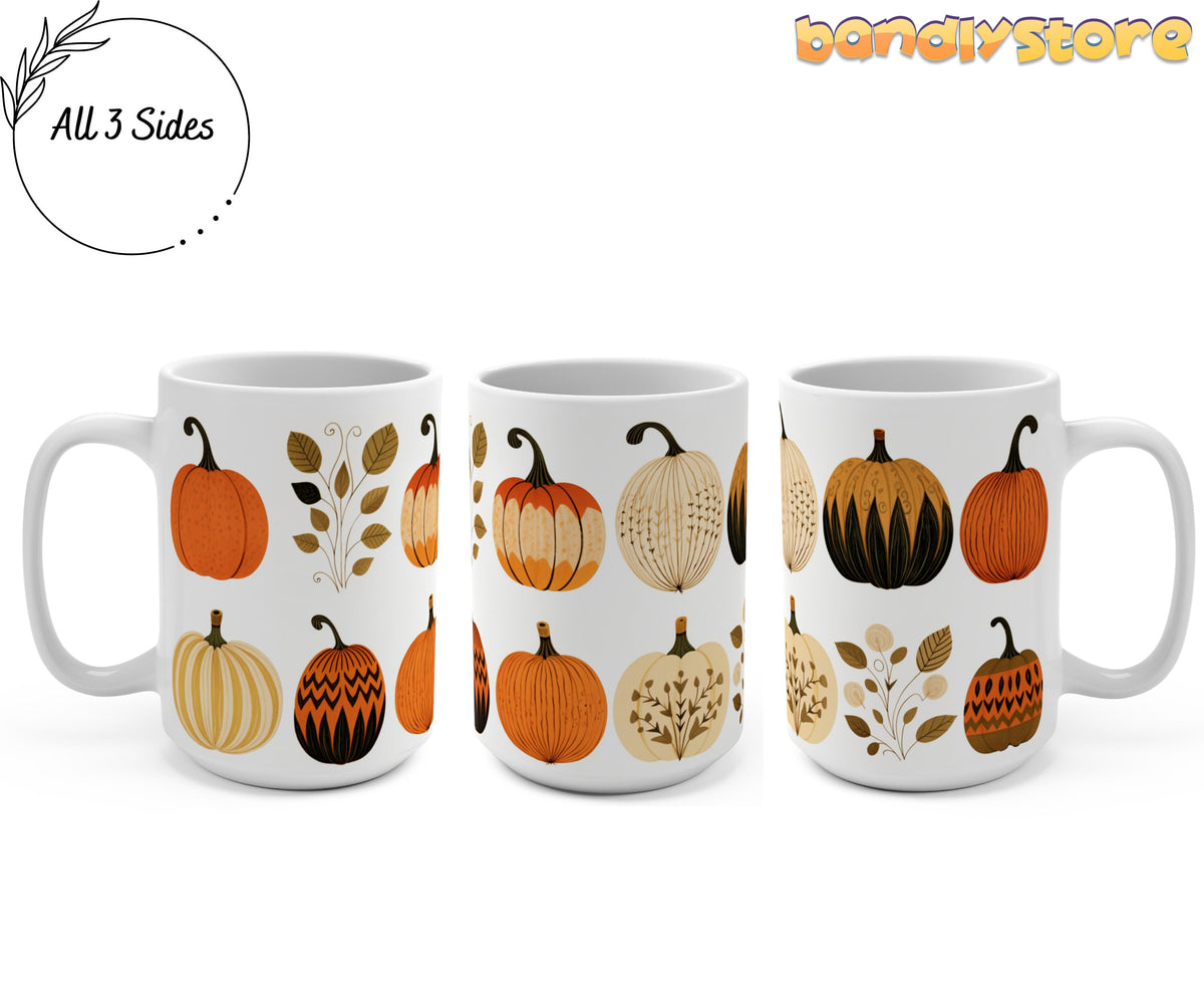 Scandinavian Art Pumpkin Mug 15oz shown in three side views on white background with All 3 Sides label.