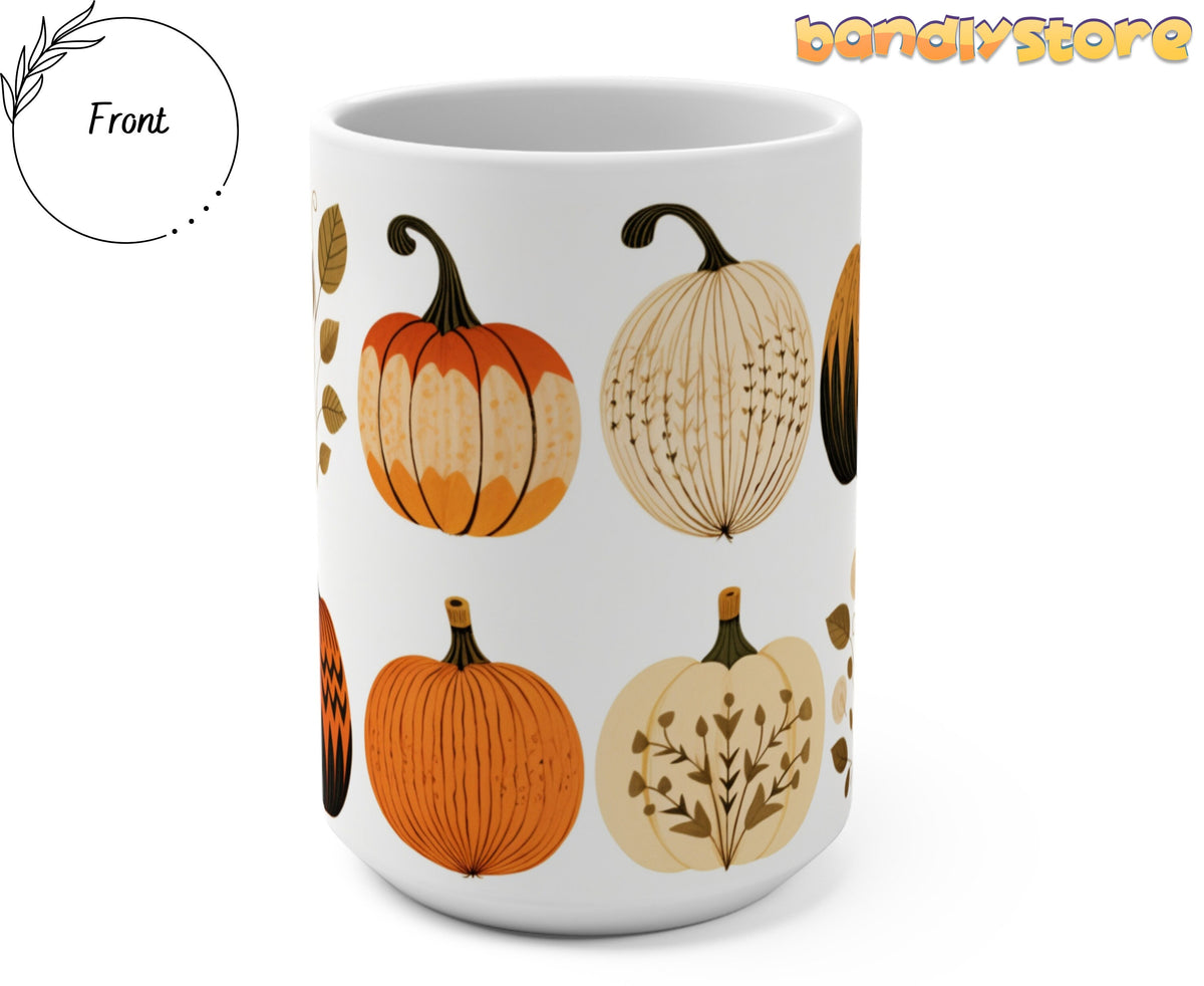 Scandinavian Art Pumpkin Mug front view on plain white background beside a Front label.