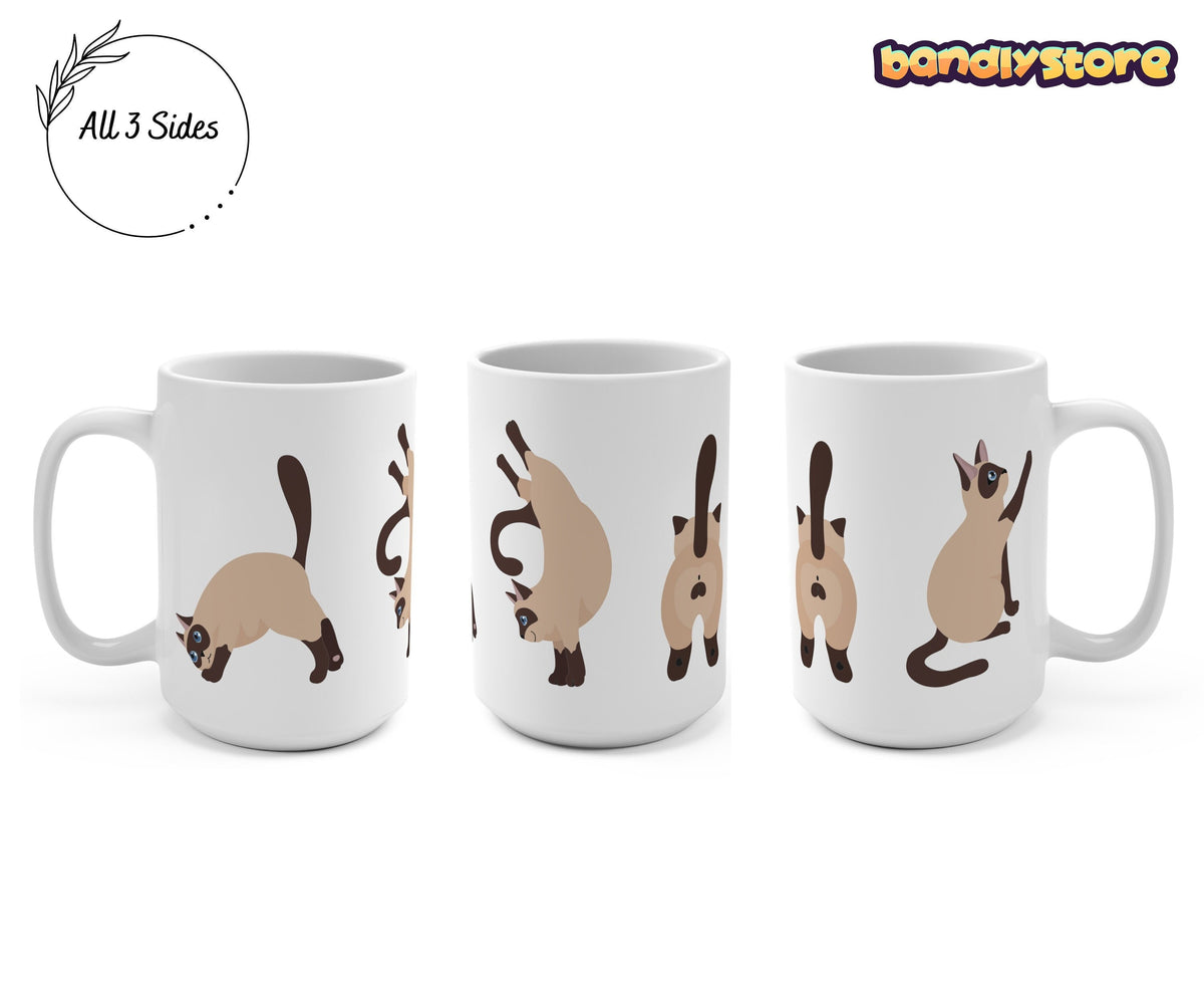 Siamese Cat Mug three angled views of white ceramic revealing wraparound cat poses on a plain background.