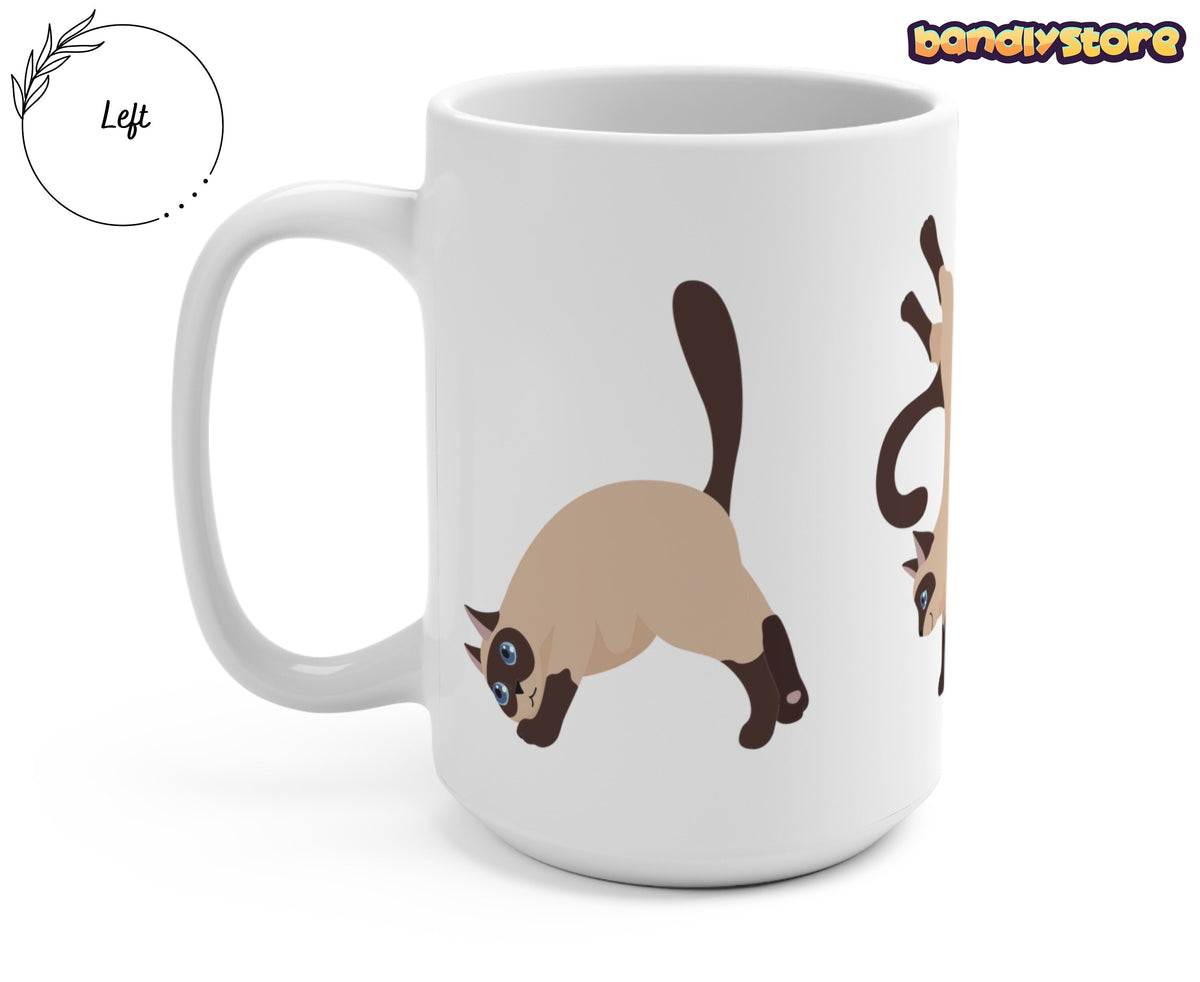 Siamese Cat Mug white, angled side view with left handle and cat illustrations on plain background.
