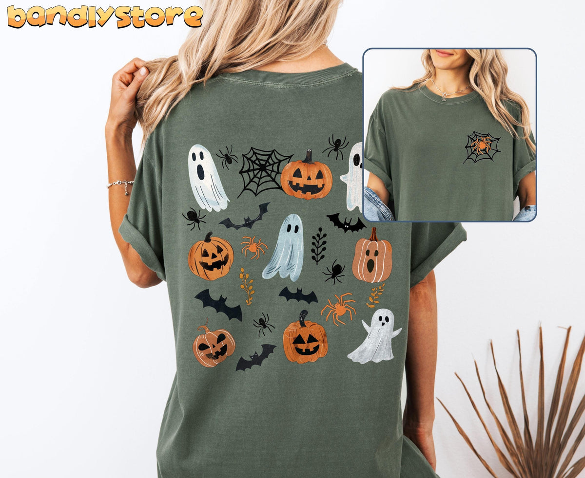 Spooky Ghosts and Pumpkins T-Shirt in moss, back view with scattered ghosts, pumpkins and bats; inset shows front spiderweb.
