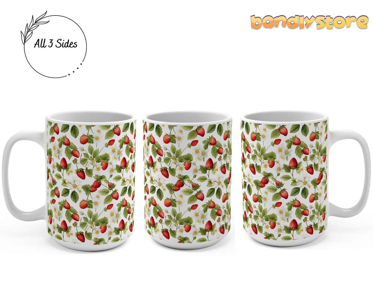 Strawberry Plant Mug shown in three side-by-side angles on plain white background.