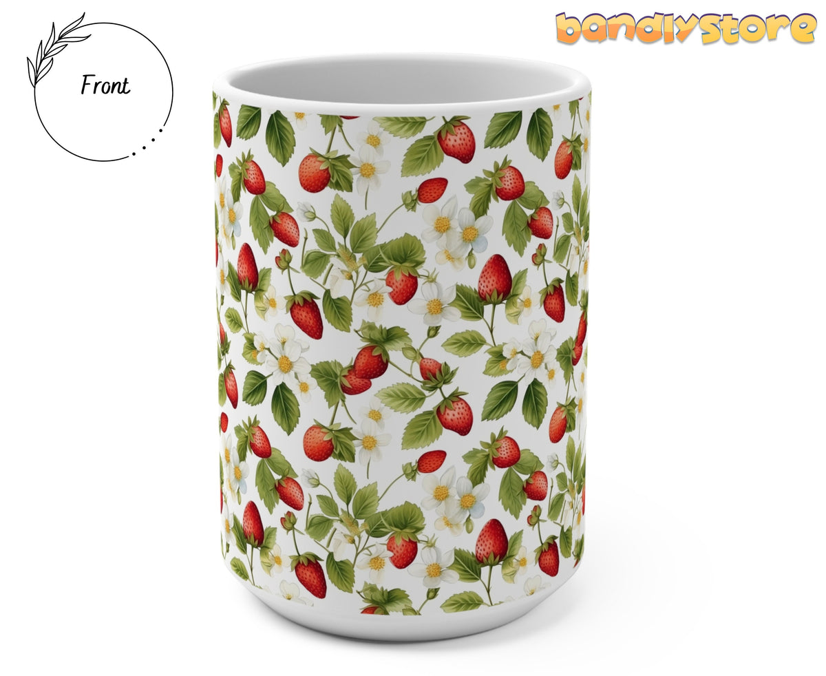 Strawberry Plant Mug front view on white background beside a circular Front label.