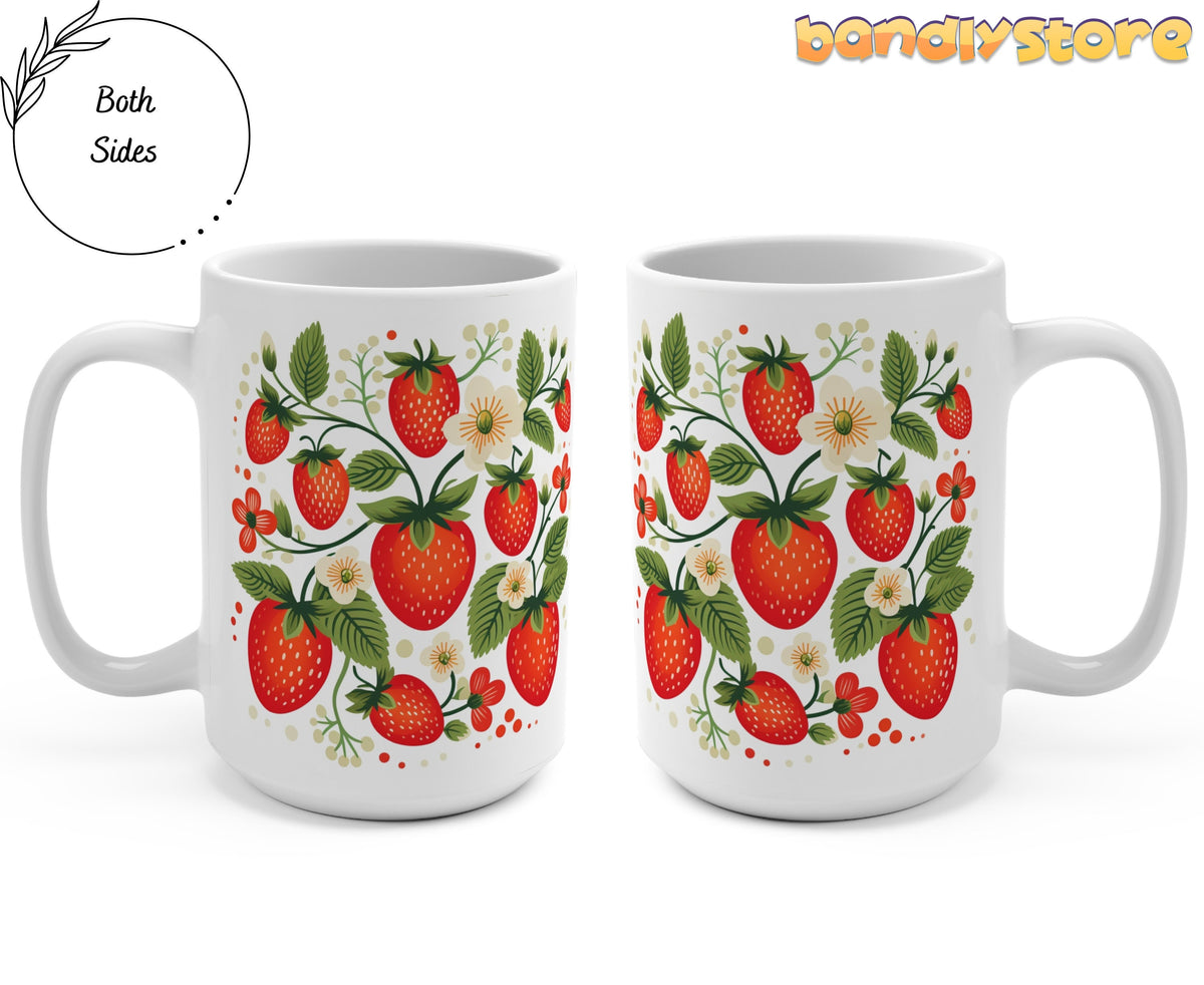 Strawberry Mug two mugs side by side showing the full strawberry vine pattern on both sides against a plain backdrop.