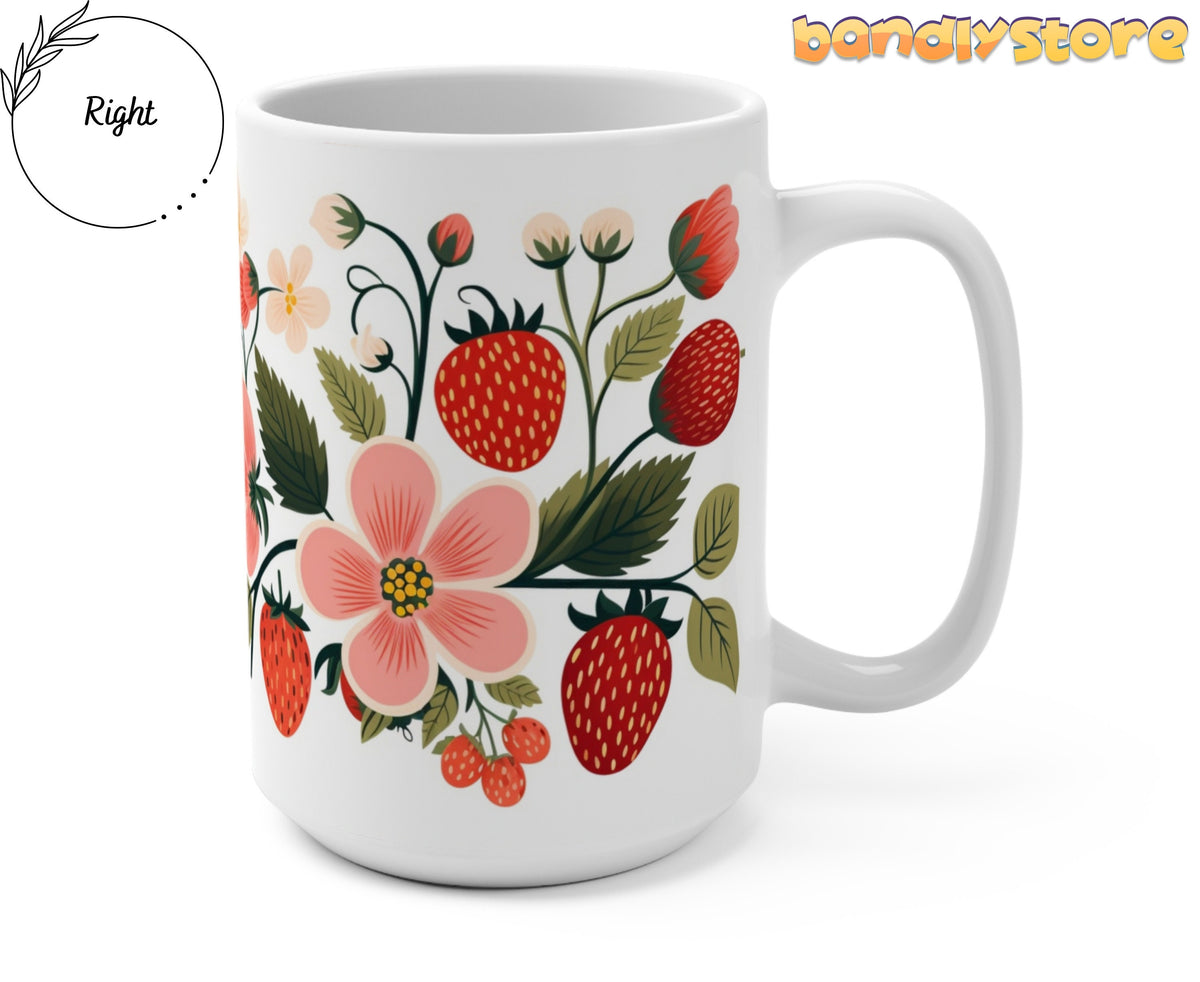 Strawberry Mug side view with handle on the right against plain backdrop beside a Right label.