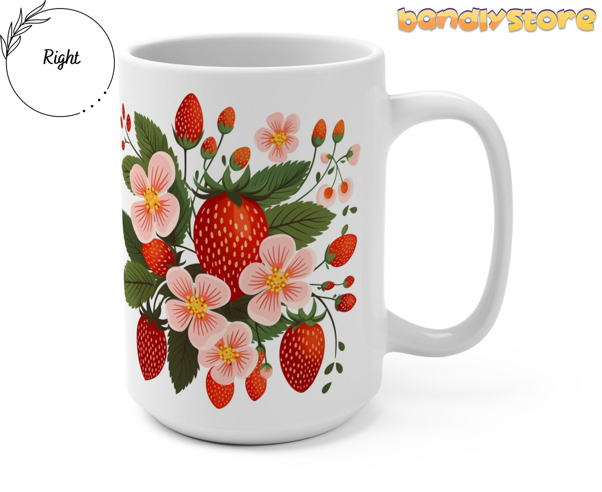Strawberry Mug angled on plain white background revealing right handle and strawberry blossom motif.