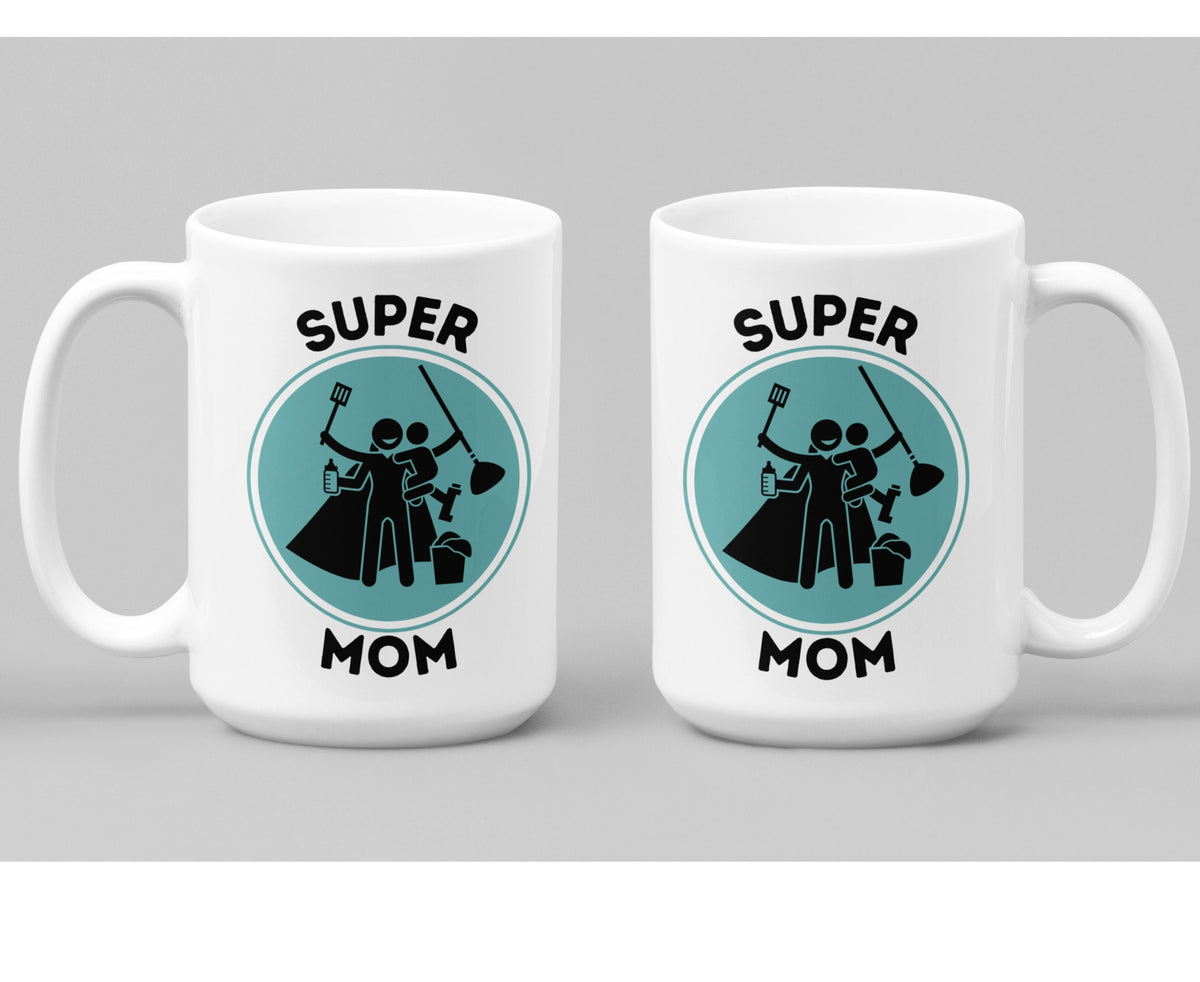 Supermom Mug shown as two white 15oz mugs side by side on a plain grey backdrop, handles outward.