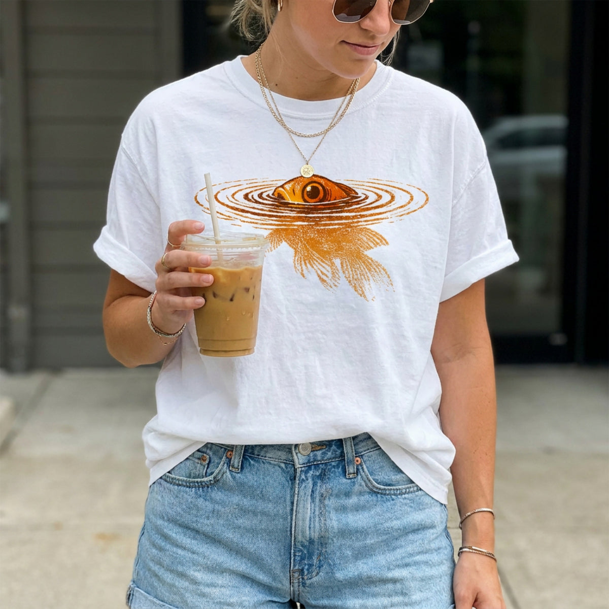 Swimming Goldfish T-Shirt white on person holding iced coffee on sidewalk, front view.
