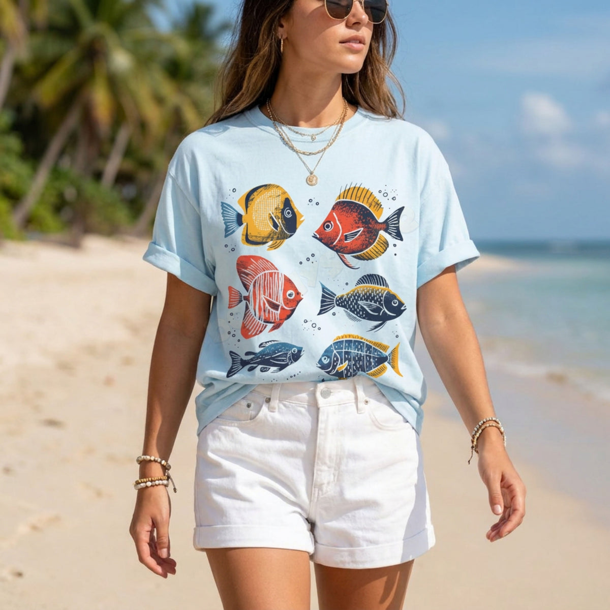 Tropical Fish T-Shirt in chambray, worn by a woman standing on a sunny beach with palms and ocean behind.