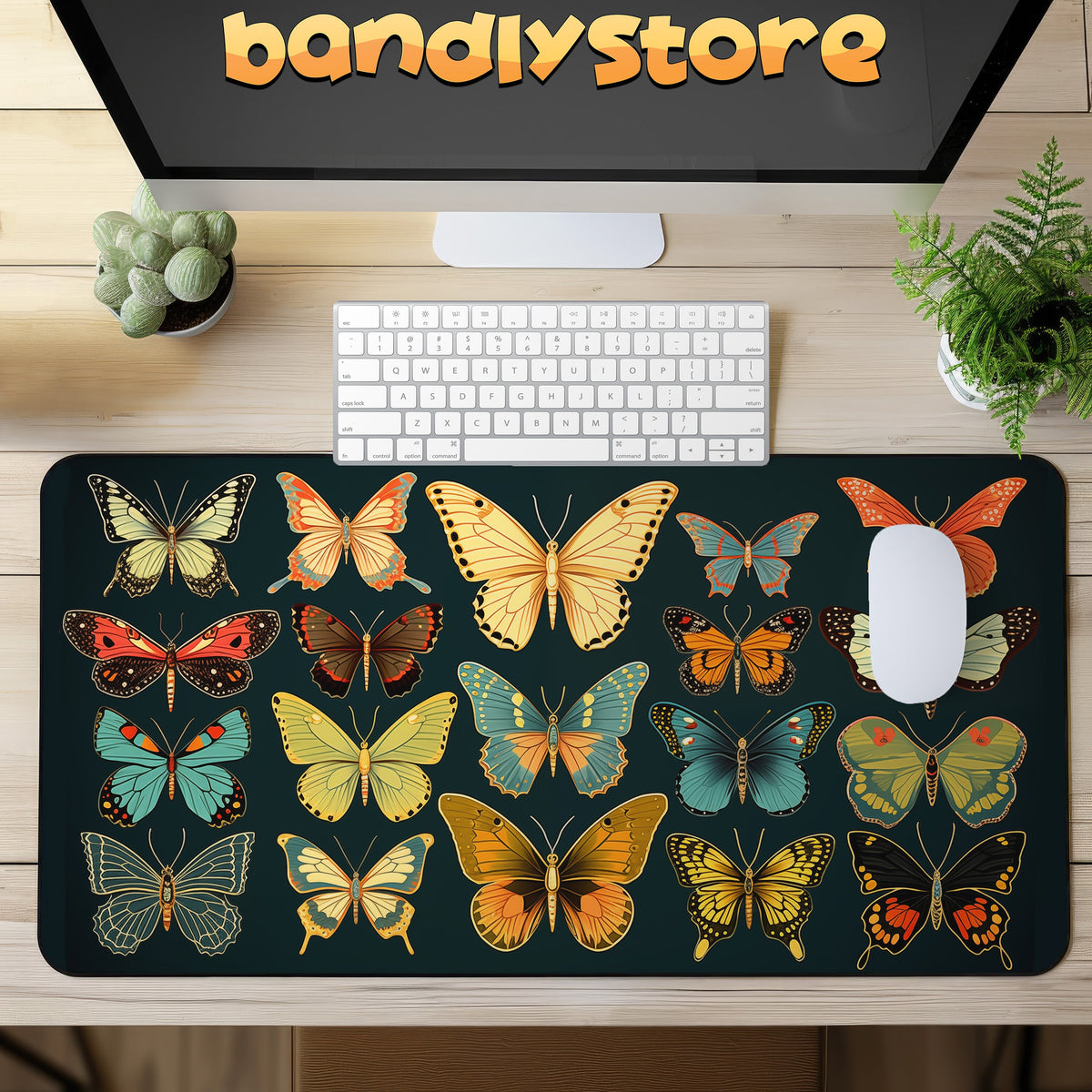 Vintage Butterflies Desk Mat in overhead view on a wooden desk with keyboard, mouse, monitor and potted plants.