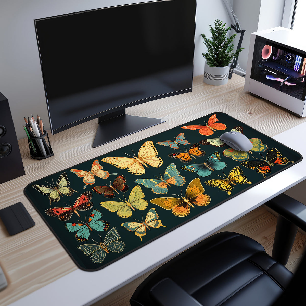Vintage Butterflies Desk Mat on a wooden desk under a monitor, with mouse, plant and PC case nearby.