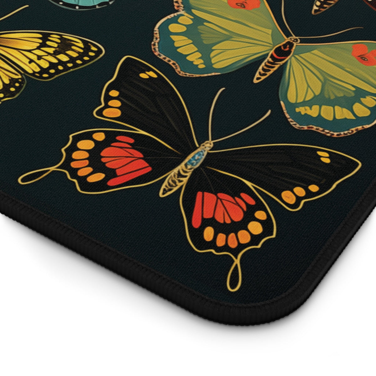 Vintage Butterflies Desk Mat close-up of corner showing black-and-red butterfly print on dark fabric with black stitched edge.