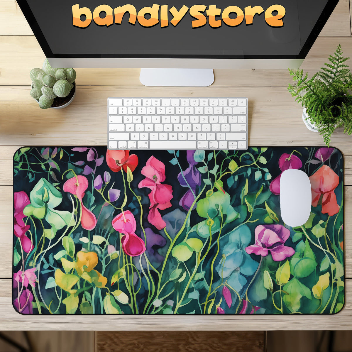 Watercolor Sweet Pea Flowers Desk Mat in top-down view on a desk with a monitor, keyboard, mouse and plants.