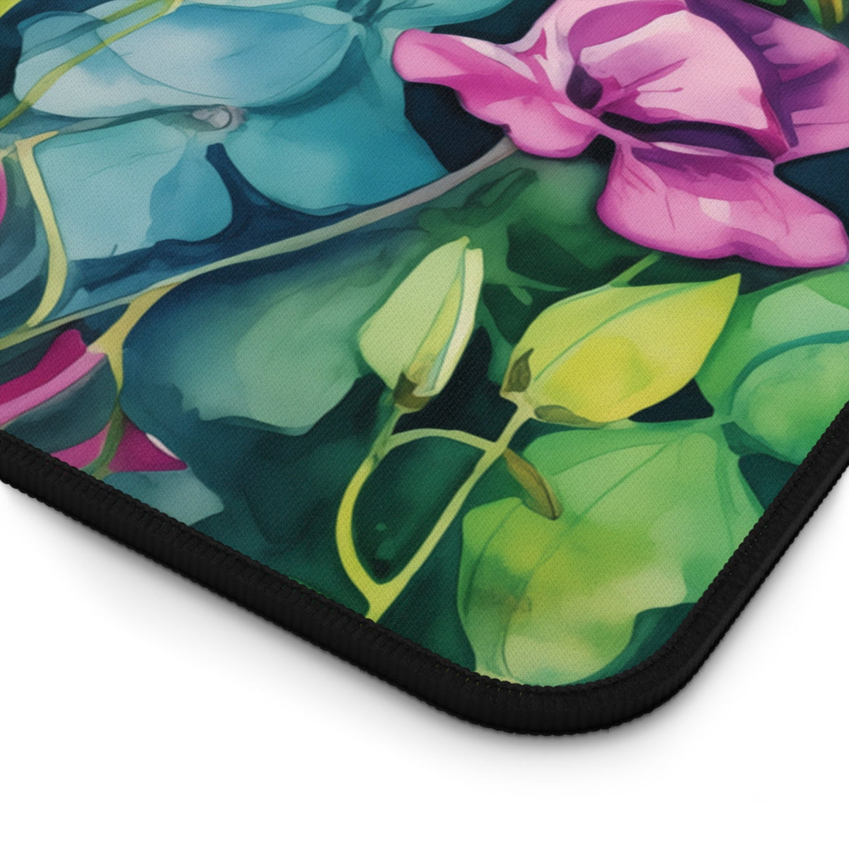 Watercolor Sweet Pea Flowers Desk Mat close-up of the black-stitched corner on a plain white background.