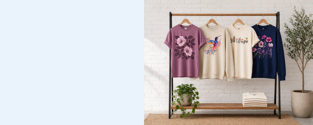 4 printed garments on wooden hangers on a wood and iron clothing rack against a sunlit white brick wall, with an olive tree, trailing pothos and folded tees on the shelf below