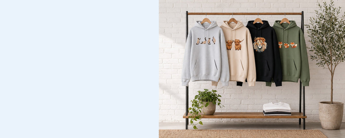4 printed pullover hoodies on wooden hangers on a wood and iron clothing rack against a sunlit white brick wall, with an olive tree, trailing pothos and folded tees on the shelf below