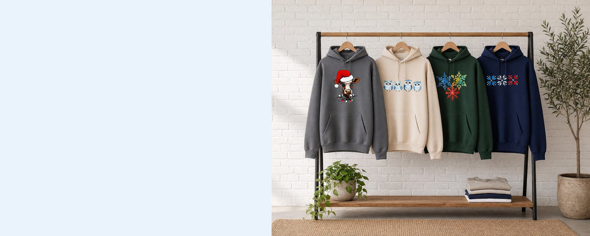 4 printed pullover hoodies on wooden hangers on a wood and iron clothing rack against a sunlit white brick wall, with an olive tree, trailing pothos and folded tees on the shelf below