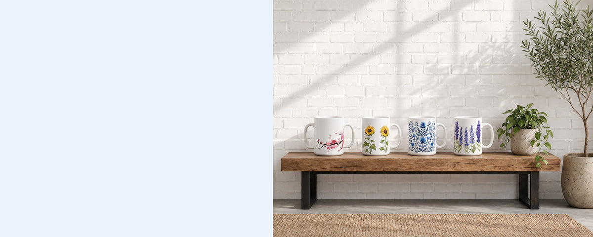 Four printed ceramic coffee mugs in a row on a wooden console table against a sunlit white brick wall, with a pothos plant, an olive branch in a vase and an olive tree