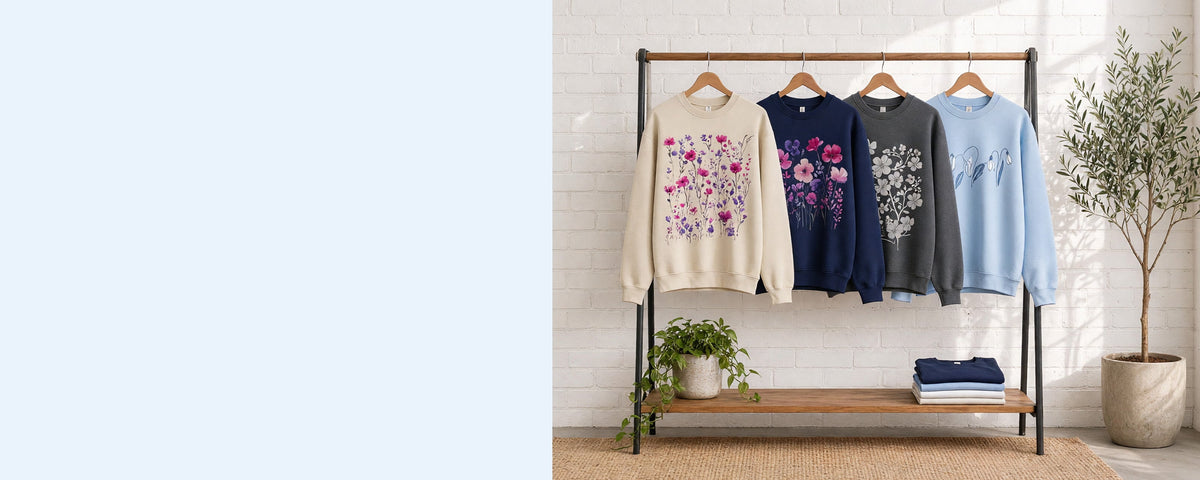 4 printed crewneck sweatshirts on wooden hangers on a wood and iron clothing rack against a sunlit white brick wall, with an olive tree, trailing pothos and folded tees on the shelf below