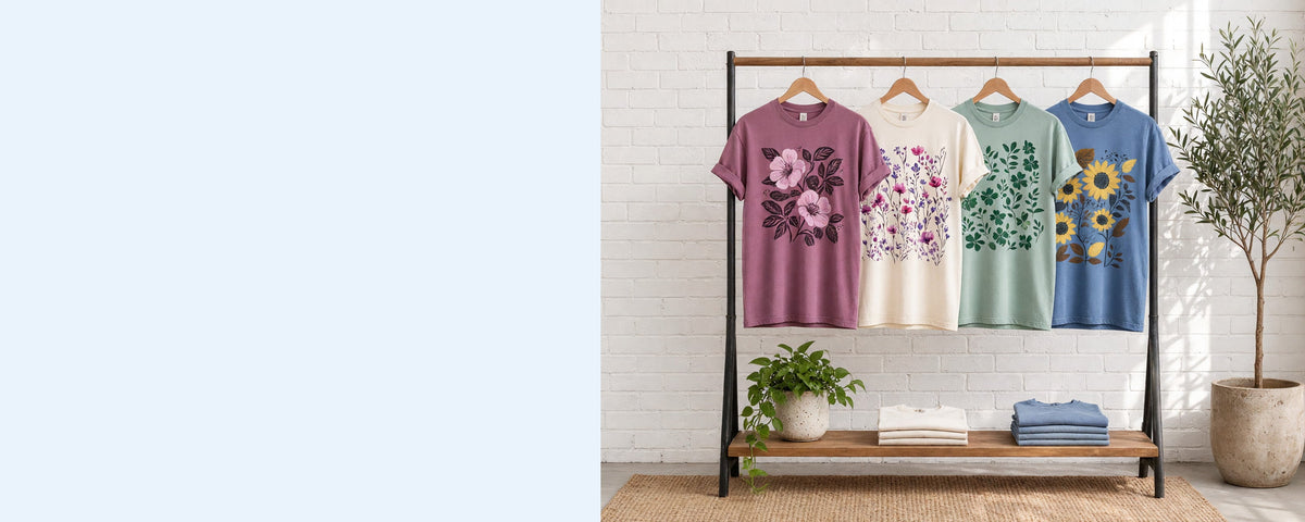 4 printed garment-dyed cotton t-shirts on wooden hangers on a wood and iron clothing rack against a sunlit white brick wall, with an olive tree, trailing pothos and folded tees on the shelf below
