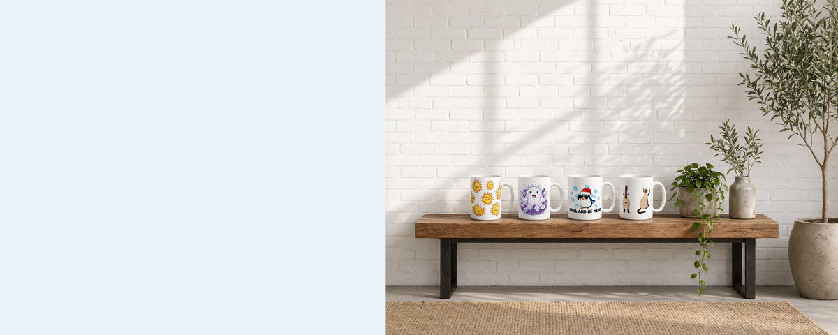 Four printed ceramic coffee mugs in a row on a wooden console table against a sunlit white brick wall, with a pothos plant, an olive branch in a vase and an olive tree