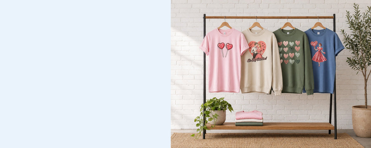 4 printed garments on wooden hangers on a wood and iron clothing rack against a sunlit white brick wall, with an olive tree, trailing pothos and folded tees on the shelf below