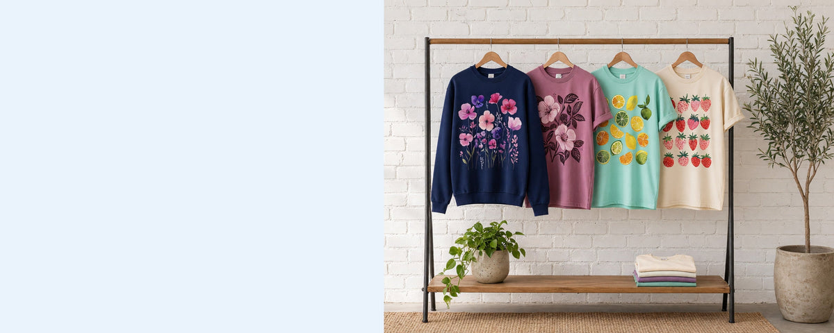 4 printed garments on wooden hangers on a wood and iron clothing rack against a sunlit white brick wall, with an olive tree, trailing pothos and folded tees on the shelf below