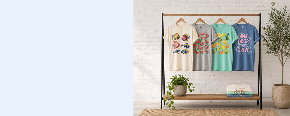 4 printed garment-dyed cotton t-shirts on wooden hangers on a wood and iron clothing rack against a sunlit white brick wall, with an olive tree, trailing pothos and folded tees on the shelf below