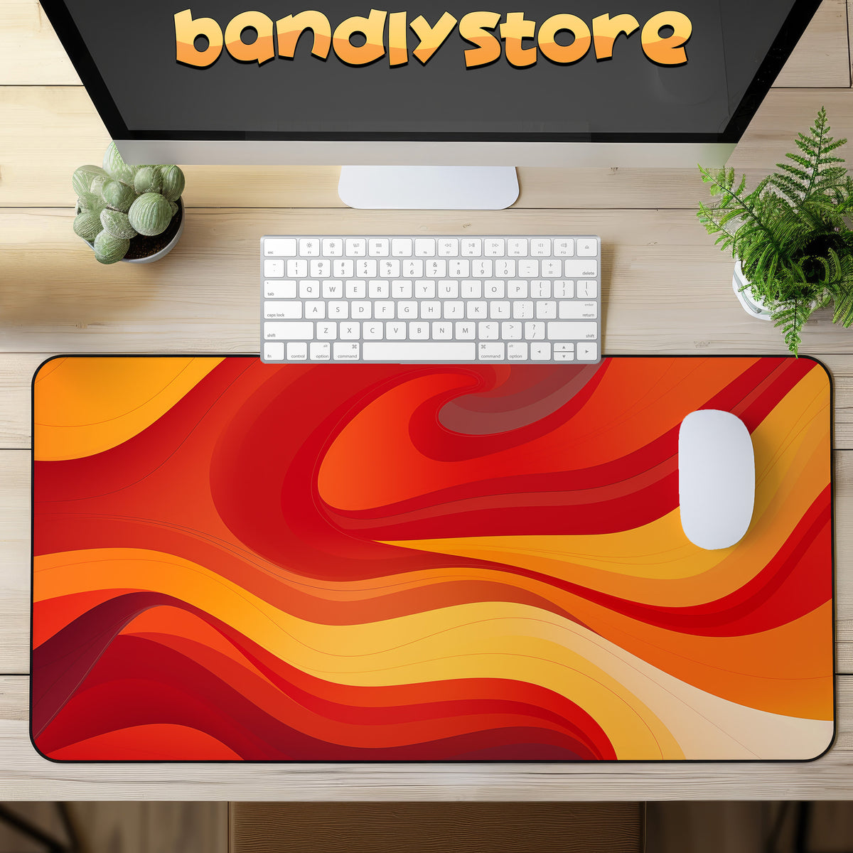 Abstract Lava Desk Mat on a wooden desk in overhead view with monitor, keyboard, mouse and plants.