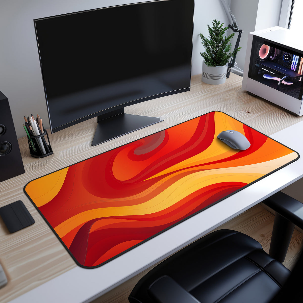 Abstract Lava Desk Mat on a light wood desk under a monitor, grey mouse atop swirling red-orange waves beside a PC and plant.