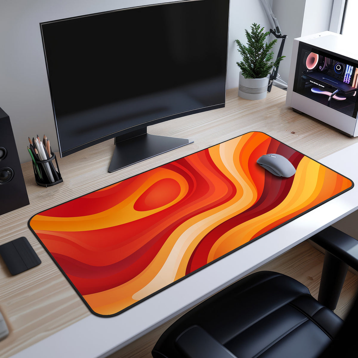 Abstract Lava Desk Mat on a wooden desk under a monitor with mouse, plant and PC nearby.