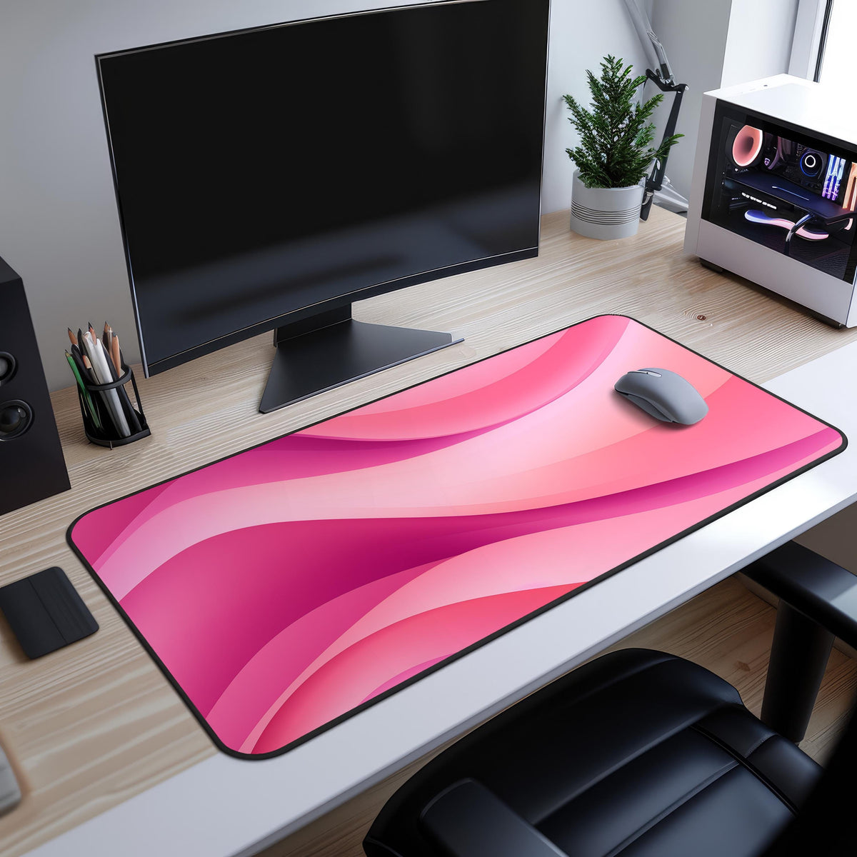 Abstract Desk Mat in pink wavy stripes on a wooden desk with monitor, mouse, PC and plant.