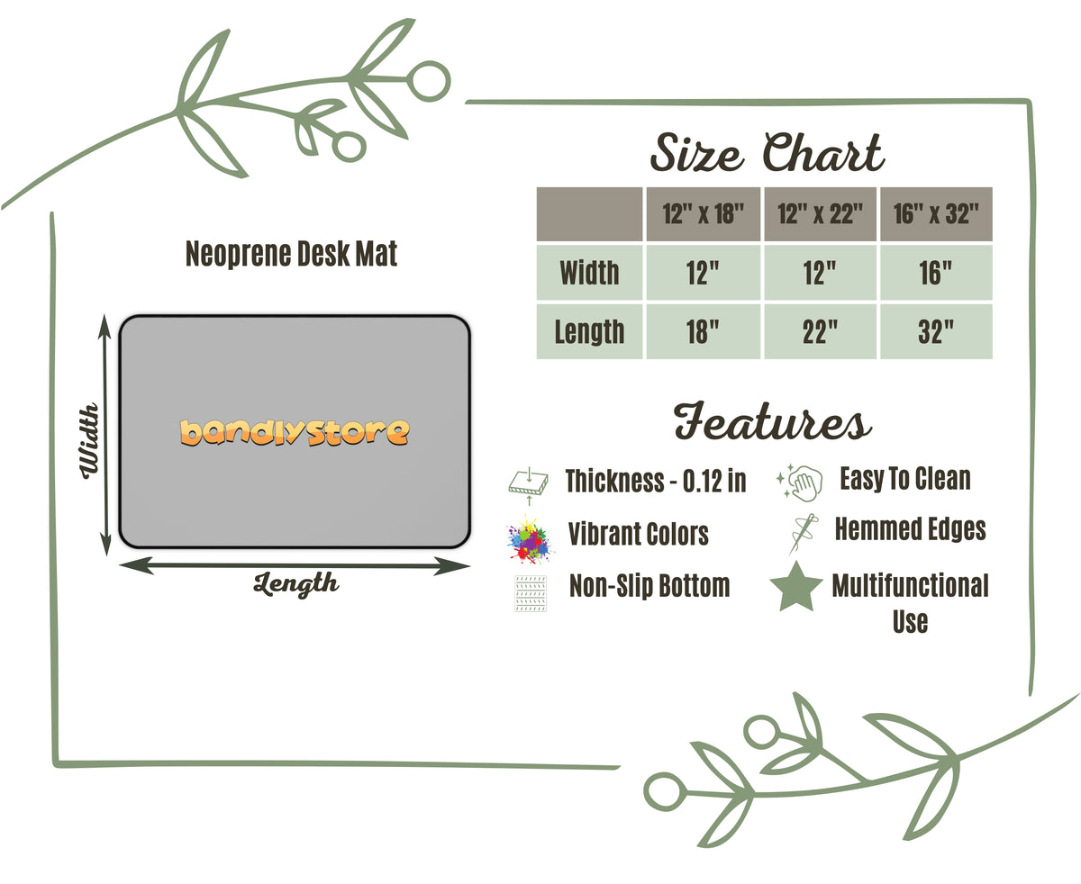 Neoprene desk mat size chart: 12 x 18, 12 x 22, and 16 x 32 inches, 0.12 inch thick, non-slip bottom, hemmed edges, easy to clean