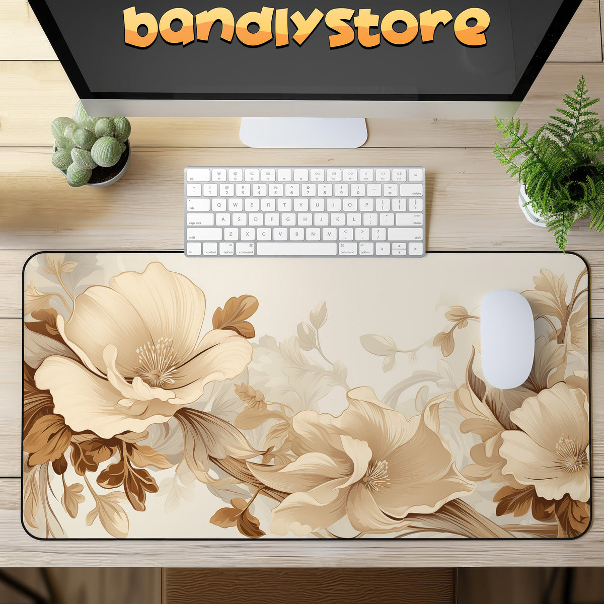 Art Nouveau Floral Desk Mat on a wood desk in top-down view with keyboard, mouse, monitor and plants.