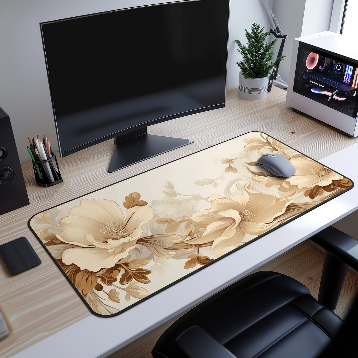 Art Nouveau Floral Desk Mat on a light wood desk under a black monitor, grey mouse on the mat, PC and plant nearby.