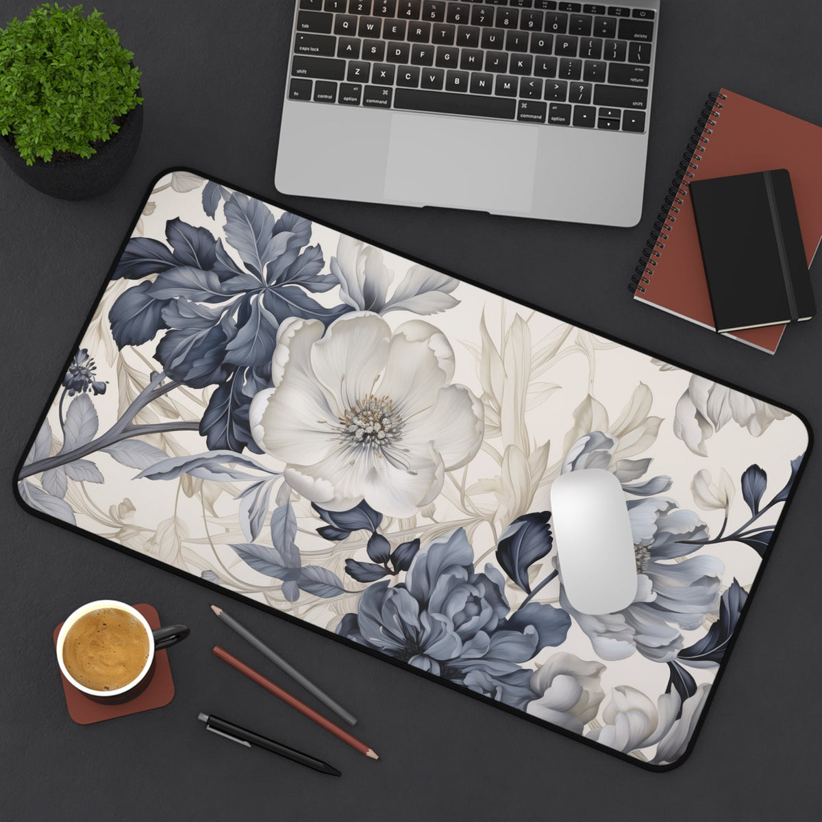 Art Nouveau Floral Desk Mat 12 × 22 inches in a top-down desk scene with laptop, plant, coffee, pencils and mouse.