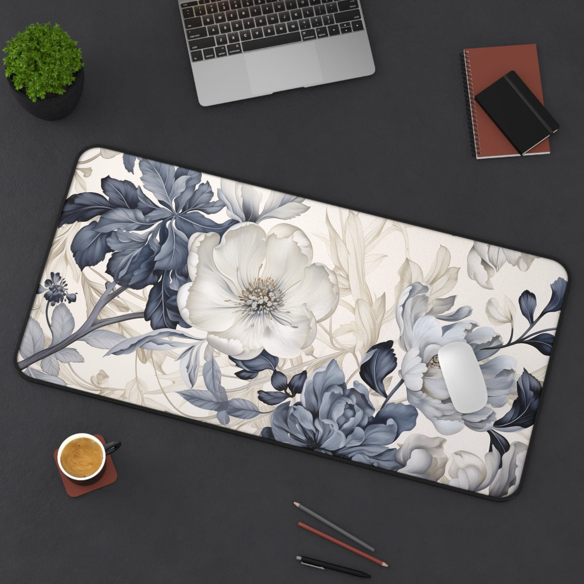 Art Nouveau Floral Desk Mat on a dark desk with laptop, plant, coffee, notebooks, pencils and mouse; 16×32 inches, 16 × 32 inches