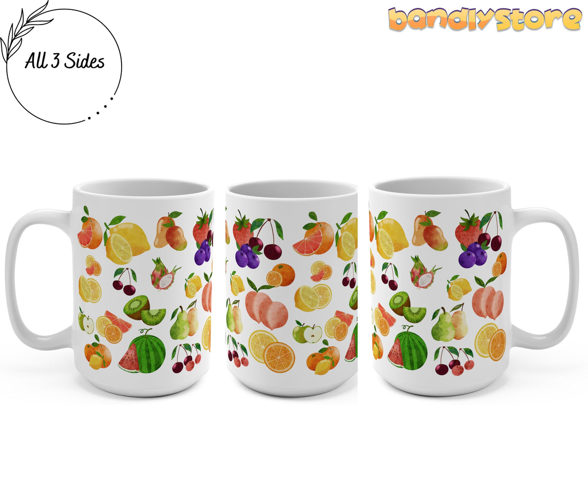 Assorted Fruit Mug 15oz white ceramic shown from three angles with colorful fruit pattern on all sides.