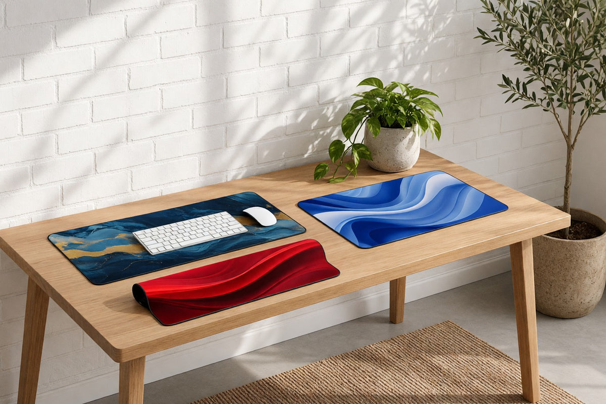 Abstract wave and marble desk mats lying flat on a wooden desk against a sunlit white brick wall, one under a keyboard and one loosely rolled, with a pothos plant