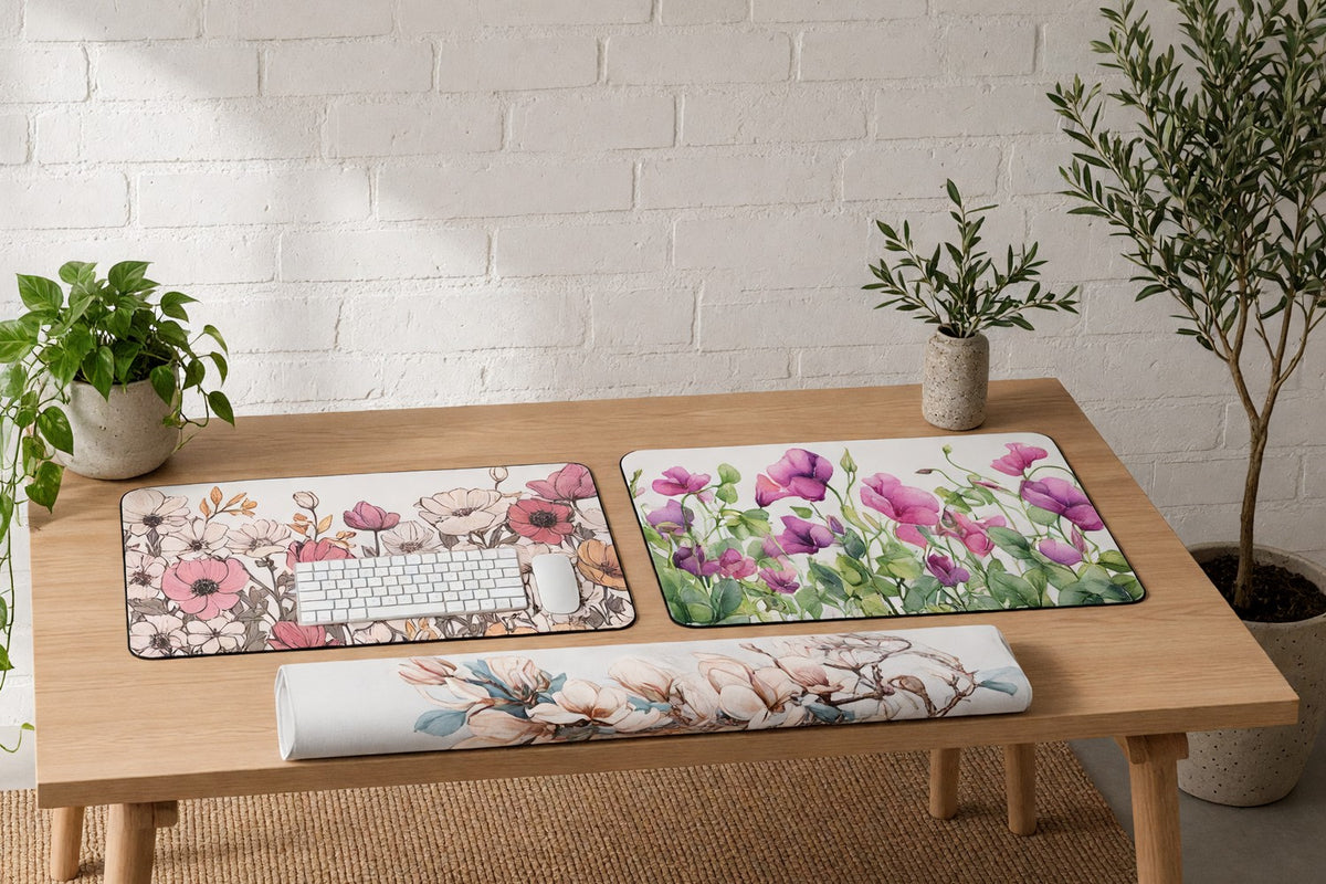 Floral desk mats lying flat on a wooden desk against a sunlit white brick wall, one under a keyboard and one loosely rolled, with a pothos plant