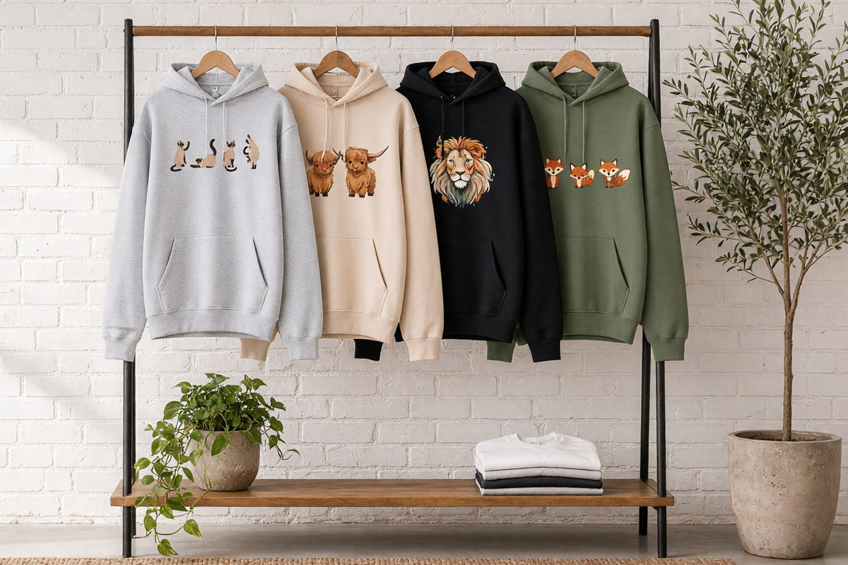 Four printed animal hoodies on wooden hangers on a wood and iron clothing rack against a sunlit white brick wall