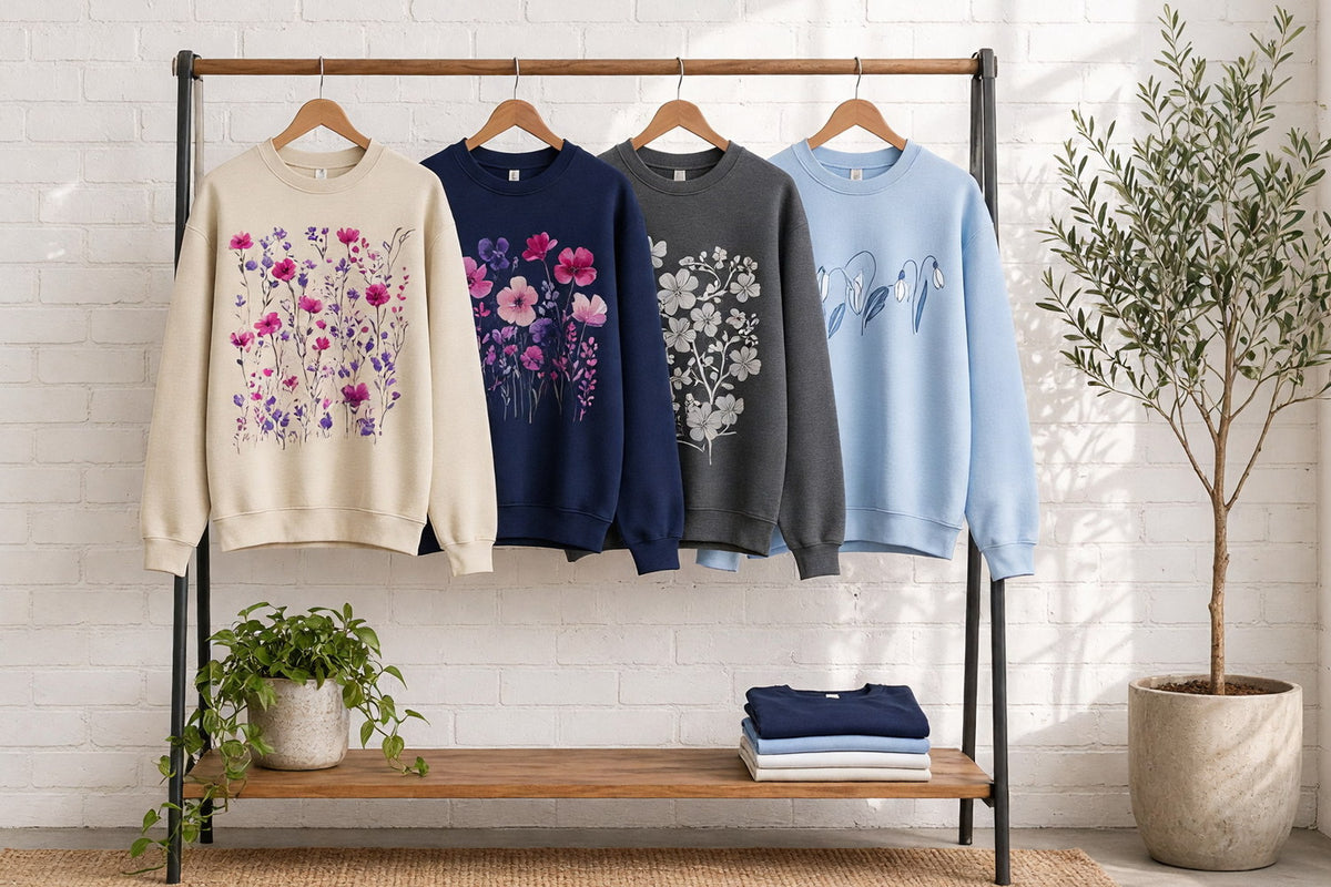 Four floral crewneck sweatshirts with pressed wildflowers, watercolor blooms, a linocut cherry blossom and line-drawn spring flowers on wooden hangers against a sunlit white brick wall