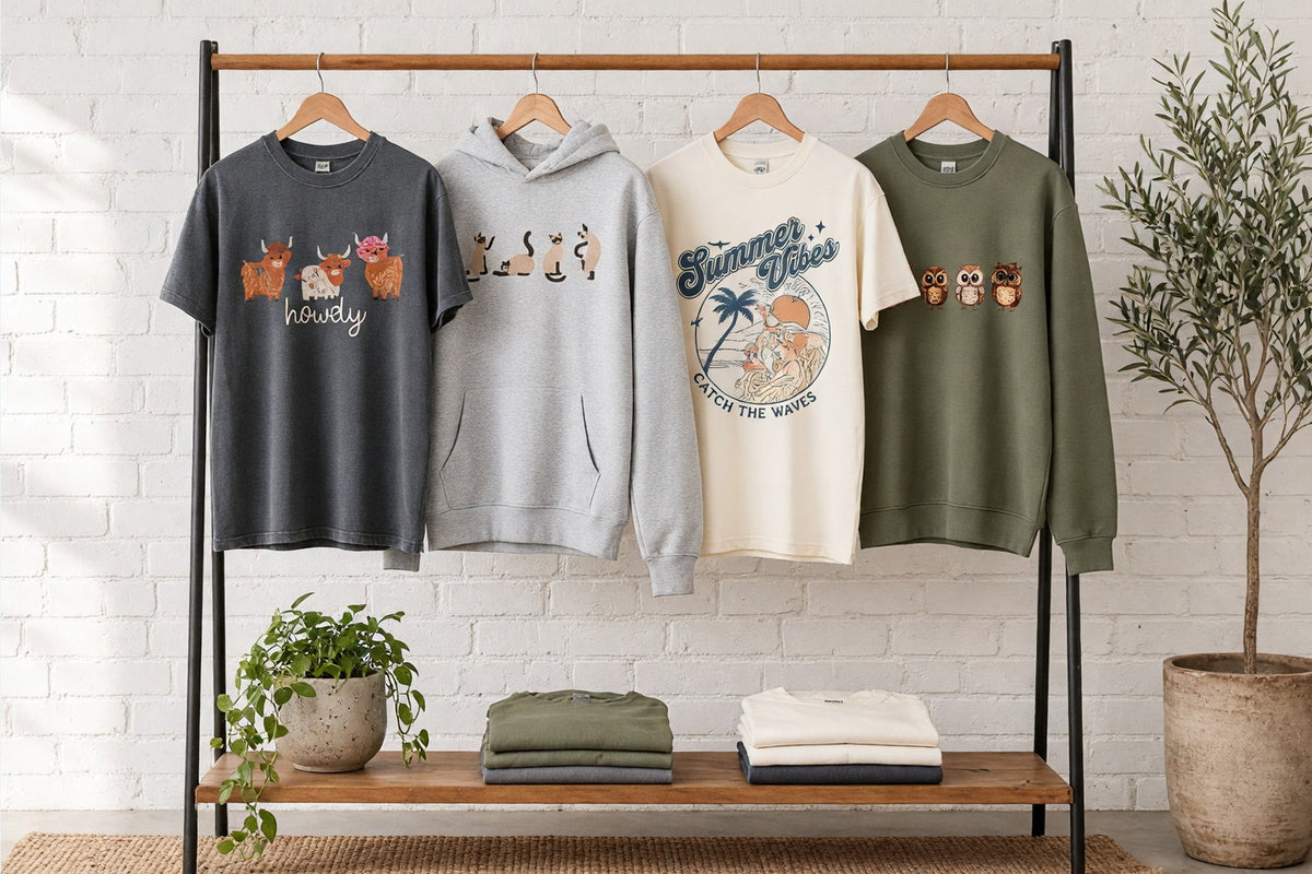 Animal-design tees and sweatshirts on wooden hangers on a clothing rack against a sunlit white brick wall
