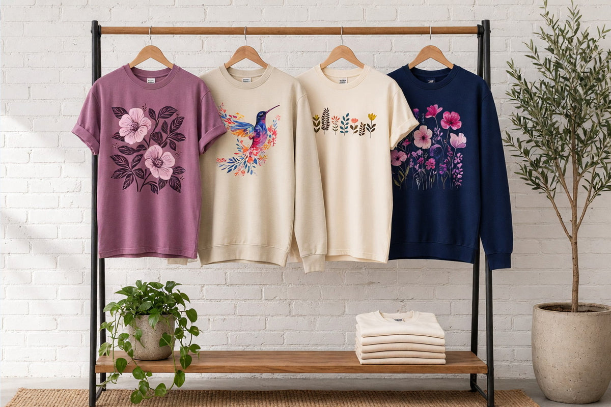 Floral-design tees and sweatshirts on wooden hangers on a clothing rack against a sunlit white brick wall