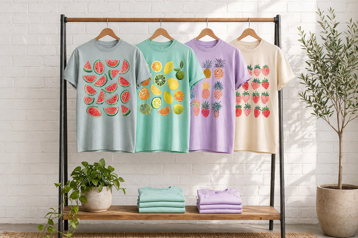 Four fruit garment-dyed t-shirts with watermelon slices, lemons and oranges, pineapples and strawberries on wooden hangers against a sunlit white brick wall