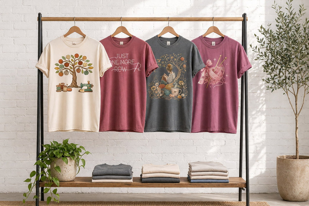 Four sewing and knitting garment-dyed t-shirts with a sewing tree, Just One More Row, a knitter among flowers and a yarn bow on wooden hangers against a sunlit white brick wall