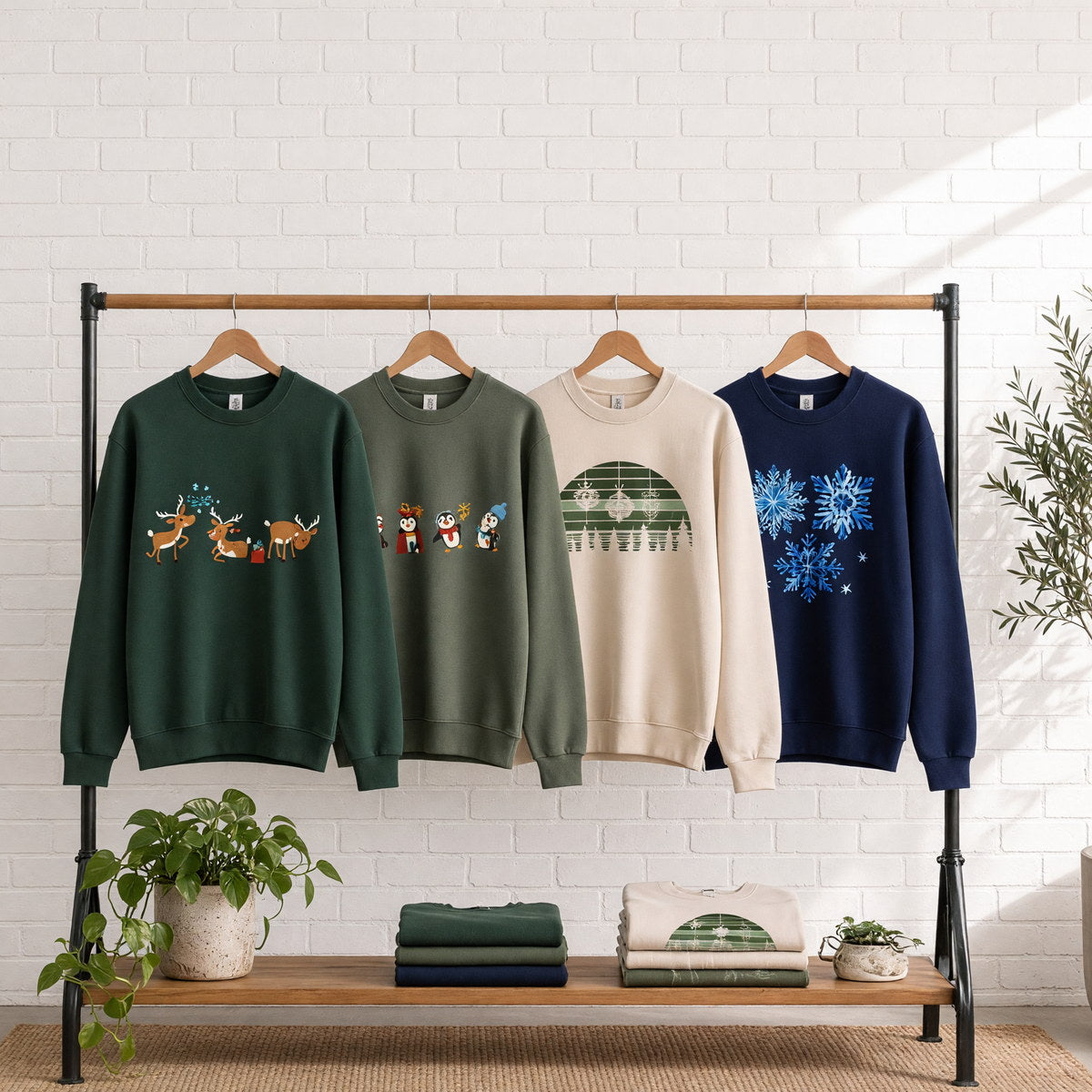 Four printed Christmas crewneck sweatshirts on wooden hangers on a wood and iron clothing rack against a sunlit white brick wall, empty wall above the rack