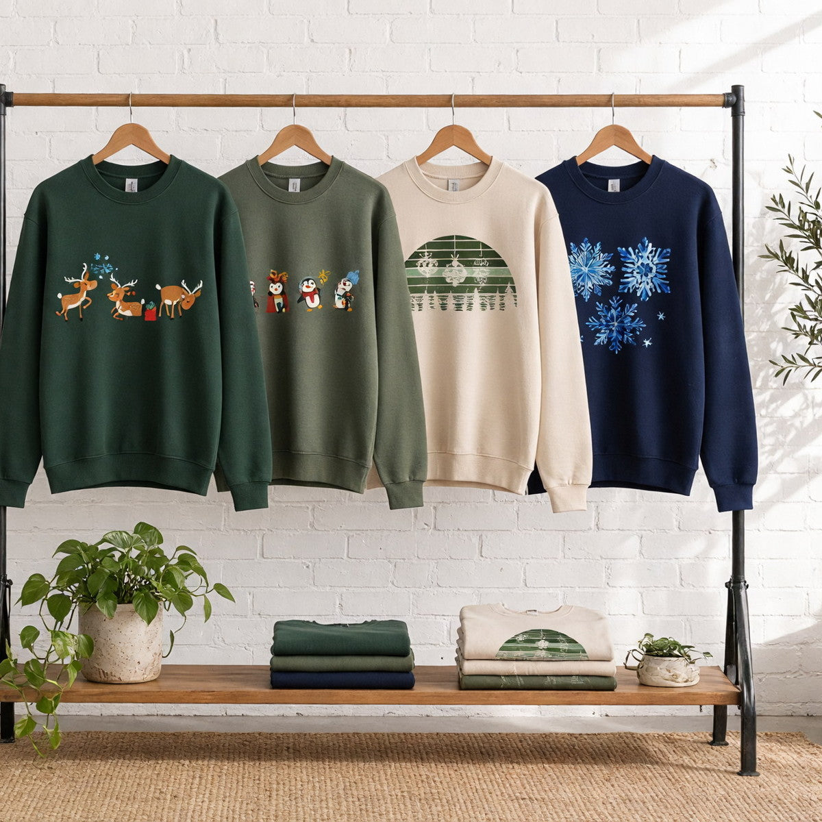 Four printed Christmas crewneck sweatshirts on wooden hangers on a wood and iron clothing rack against a sunlit white brick wall